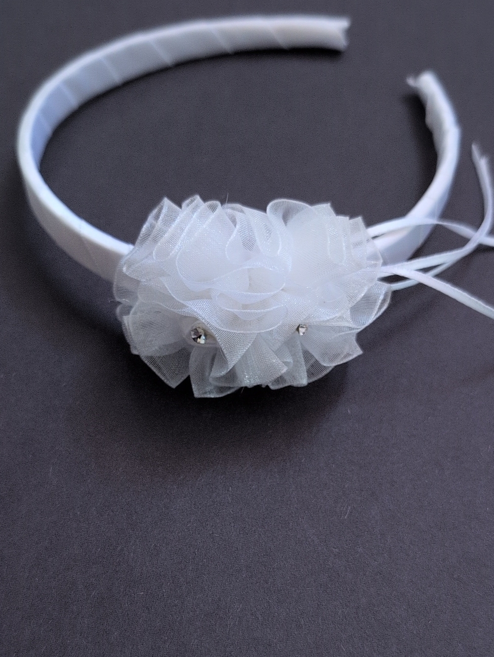 Girl White Organza Flower Headband with Rhinestone Accents